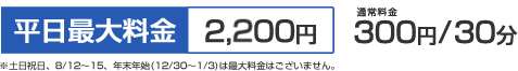 駐車料金　平日最大料金2000円。通常料金30分300円